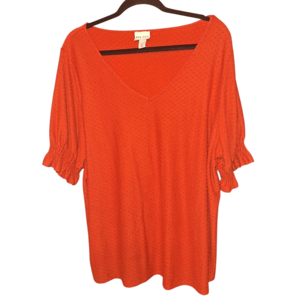AVA VIV Coral Orange Textured Swiss Dot Pullover Top Plus Size 2X V-neck Puff
